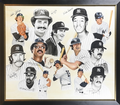 1970s New York Yankees Signed James Fiorentino 45x53 Framed Original Artwork With 11 Signatures Including Jackson & Gossage (Beckett)